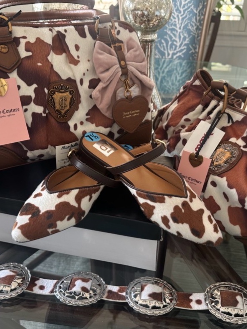 Juicy Couture Brown & White Cow-Print Flats with Matching Bag Trio